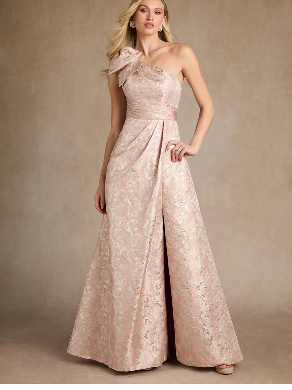 Azazie One-Shoulder Blush Floral Jacquard Gown